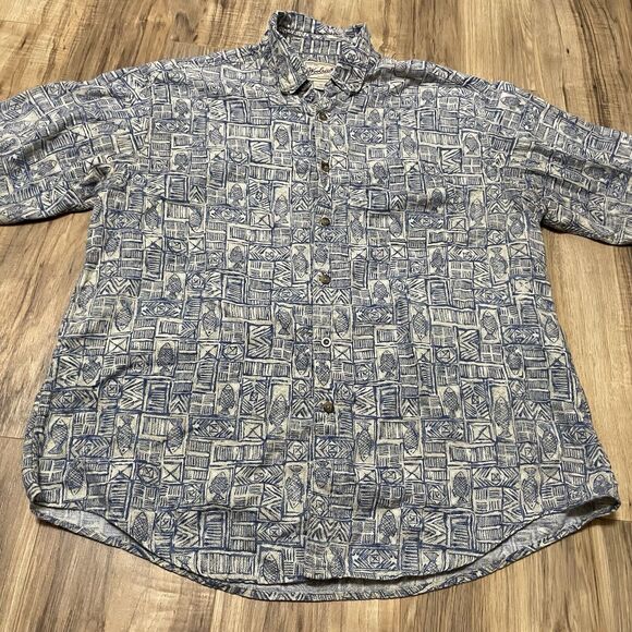 Woolrich Button Up Cotton Shirt Mens Size XL Fish Pattern Fishing Outdoor Blue - Picture 2 of 8